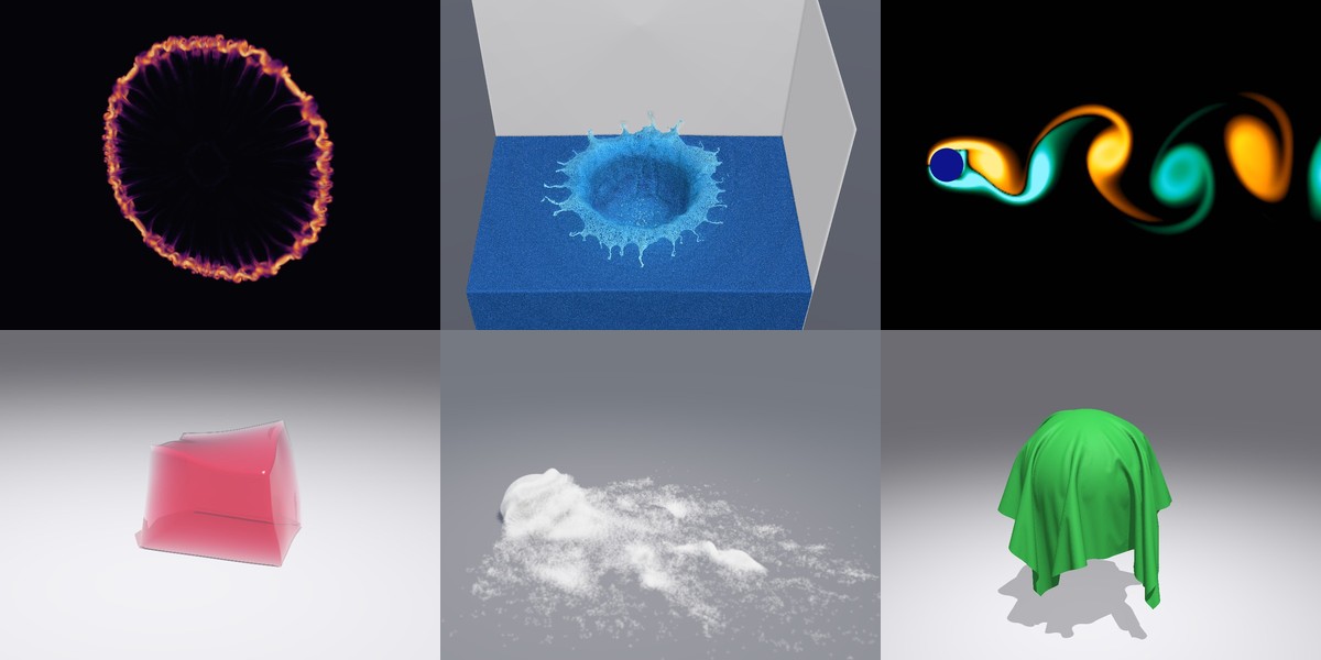 GPUPhysBench reference simulations: vortex rings, water drop, vortex street, jelly, snowball, and cloth