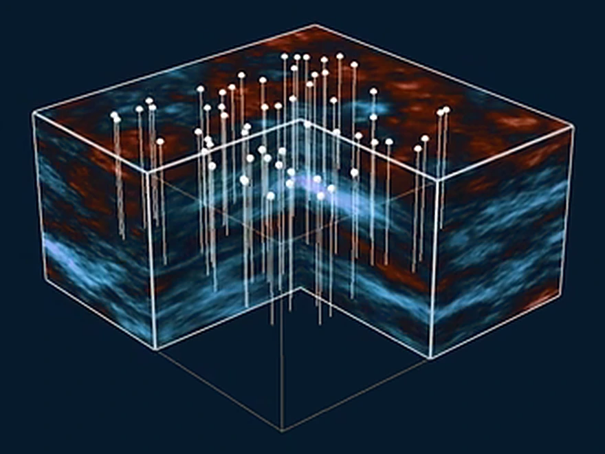 A block of rock crossed by sixty boreholes, coloured by a posterior sample of its heat conductivity, from a geothermal inverse problem solved on GPUs